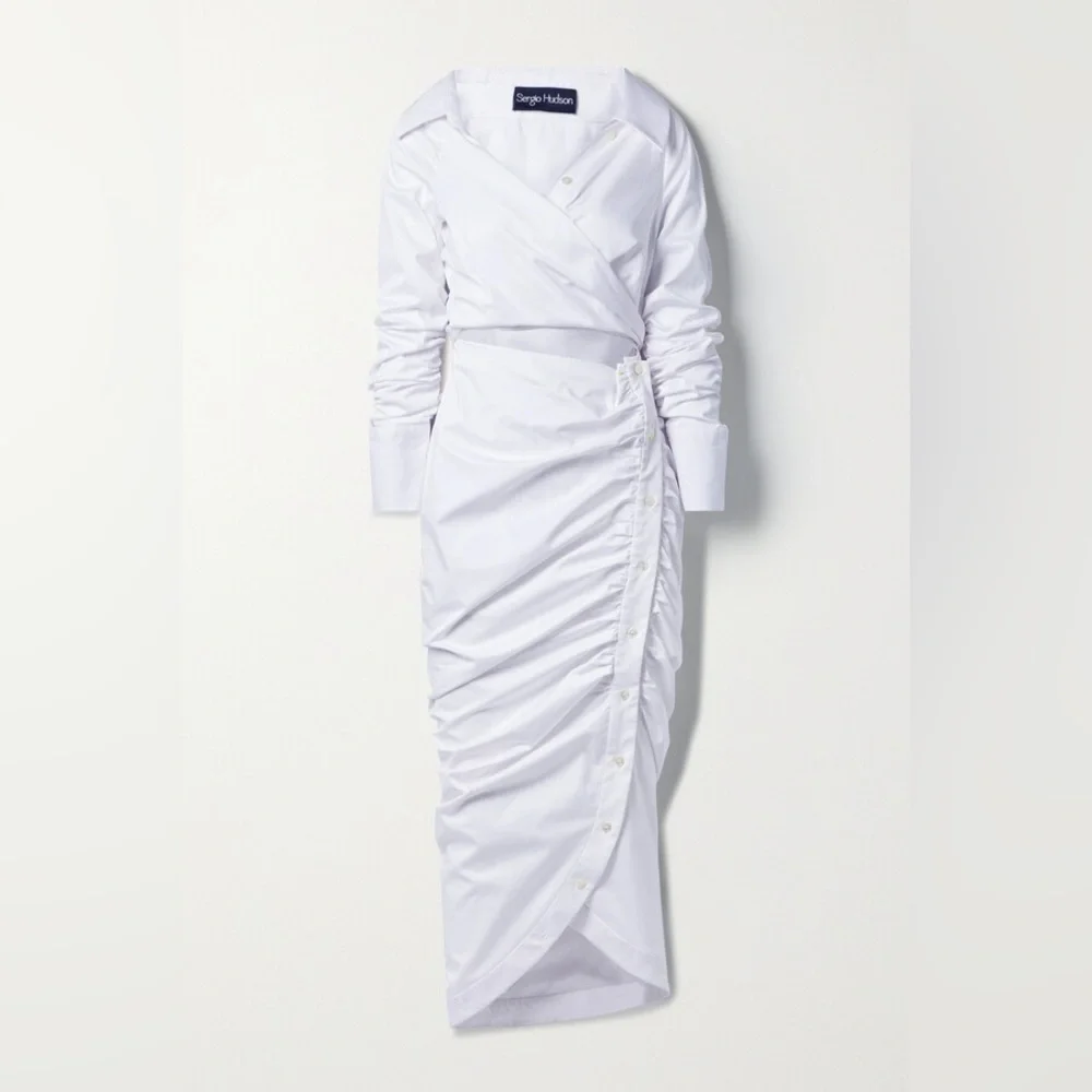 Sergio Hudson Asymmetric Cutout Ruched Cotton-blend Poplin Midi Wrap Dress Sz 0 - Picture 3 of 10